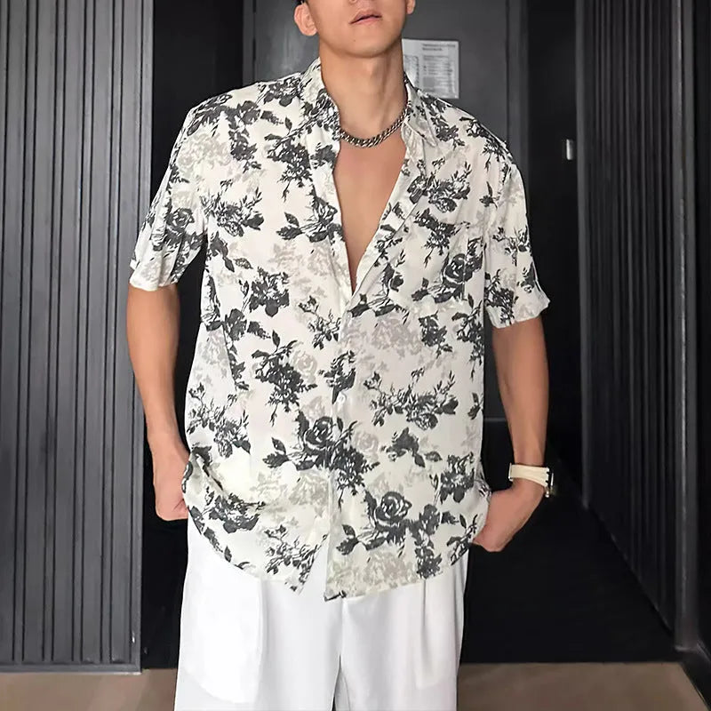 Loose casual floral printed short sleeve shirt in black or white colours