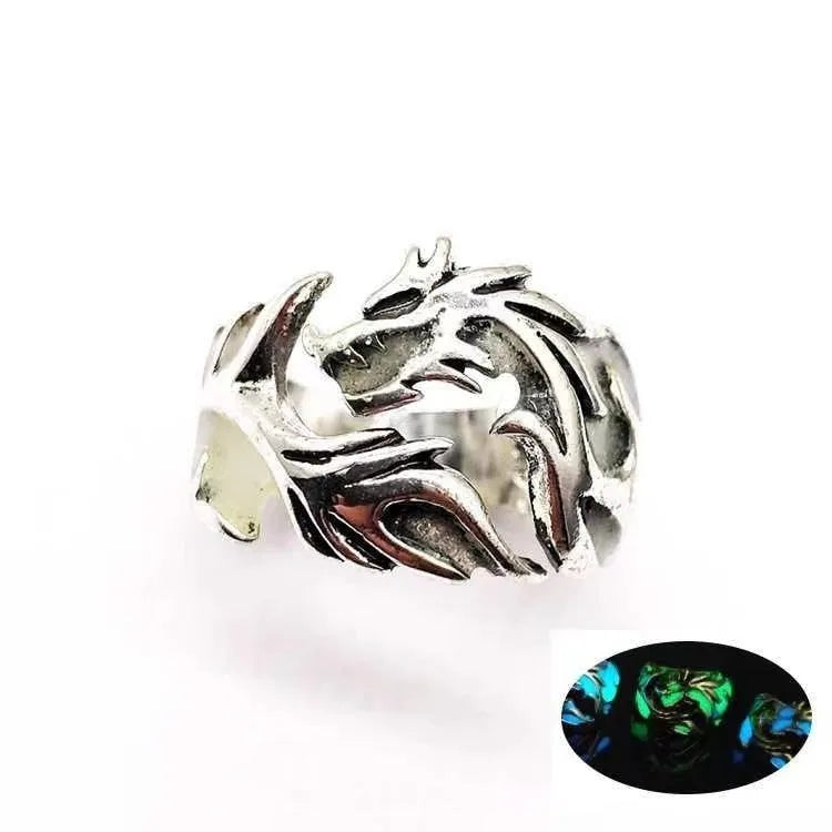 Chinese style luminous dragon pattern adjustable ring in antique silver blue and green colour.