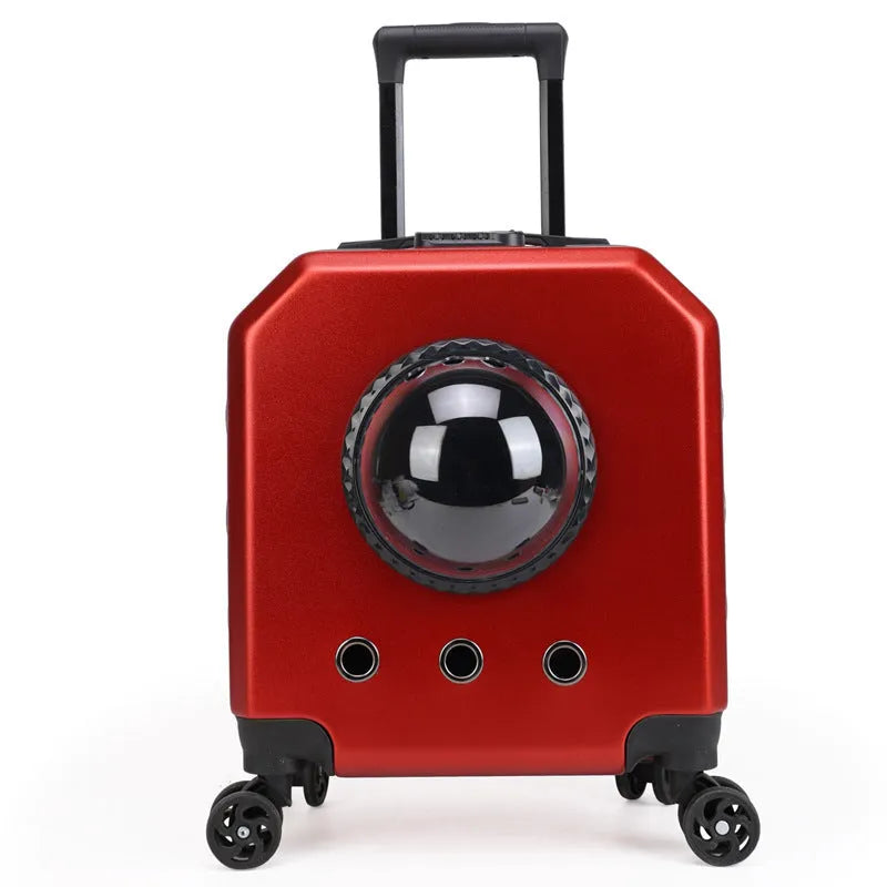 Hard-sided PVC pet flight trolley case for cats in burgundy colour with wheels