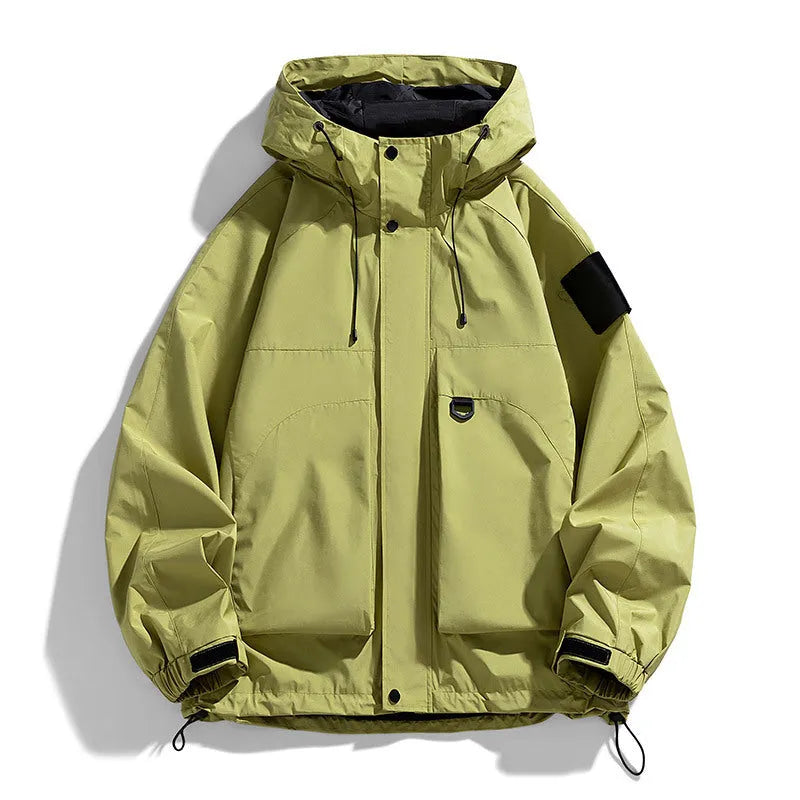Men's black windproof waterproof hooded coat with long sleeves on a mannequin.