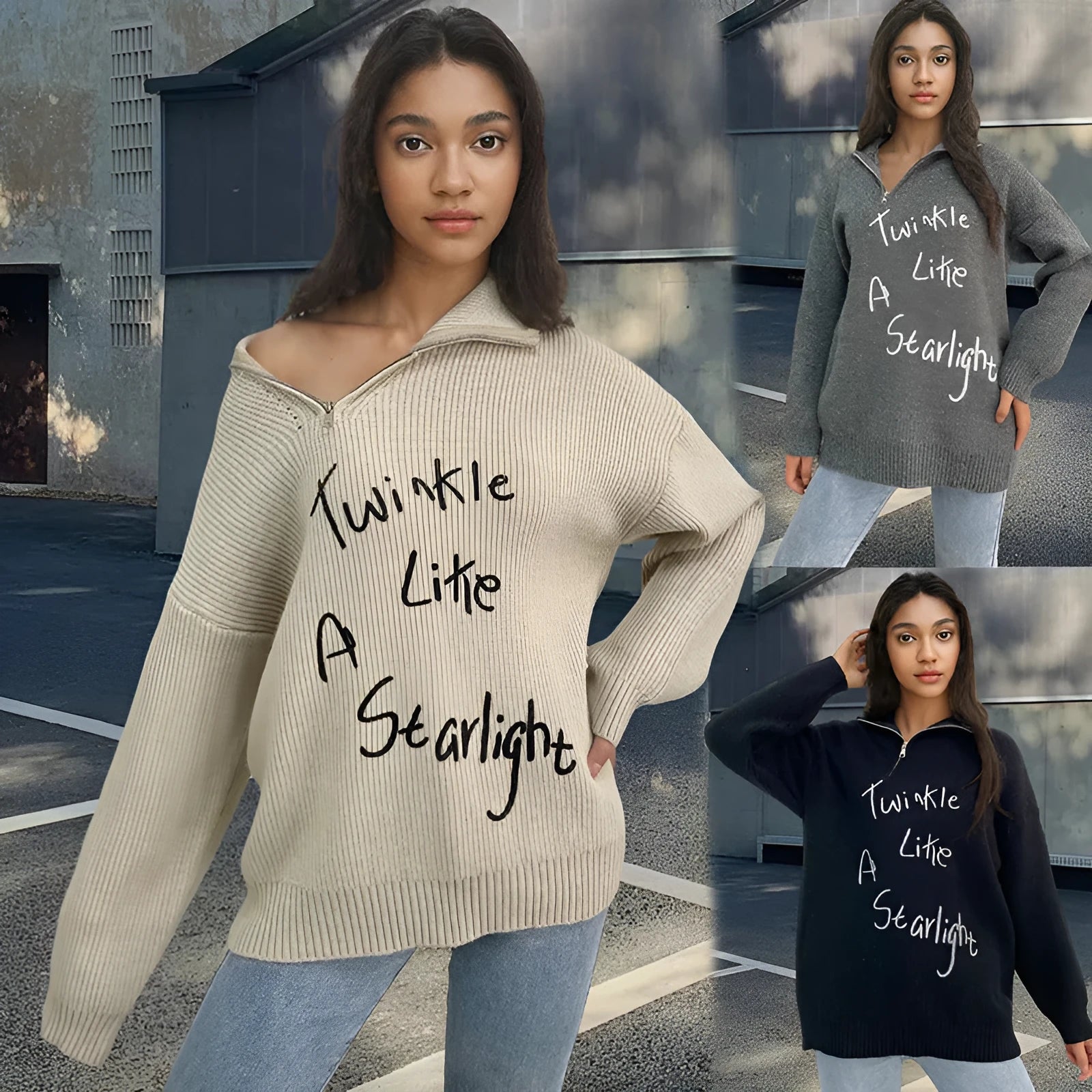 Women's alpaca fleece pullover sweater with an oblique chest zipper and retro turtleneck.