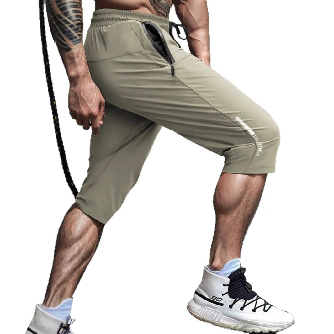 Men's cropped ice silk sports casual pants in nylon fabric with straight-leg cut