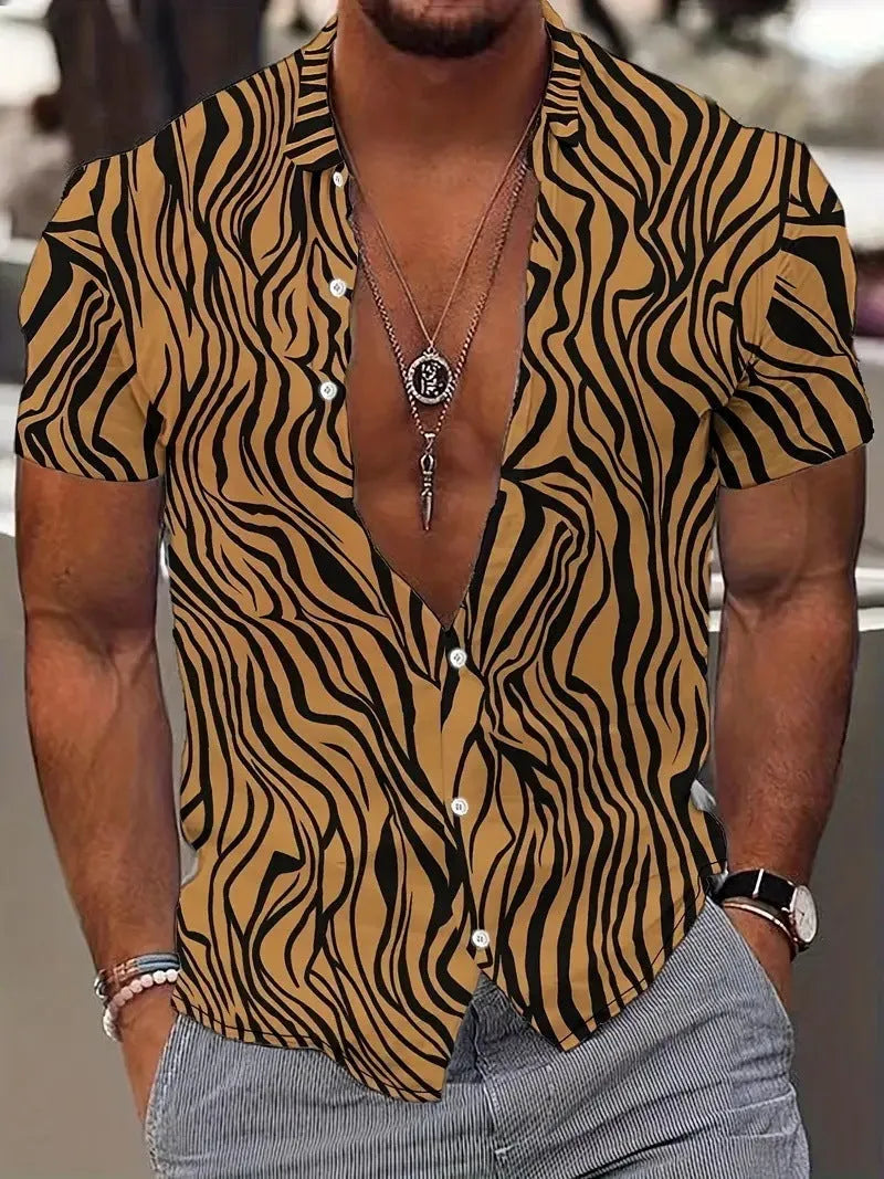 Men's slim fit geometric line print lapel short sleeve shirt in a colour from the available range.
