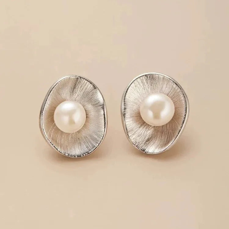 Gold colour pearl sterling silver needle earrings with geometric design and butterfly clasps