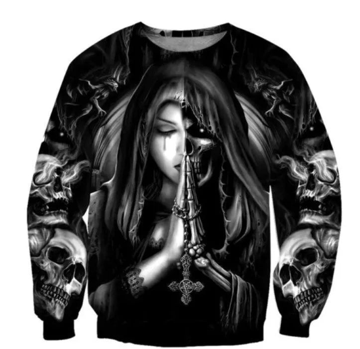 Halloween hooded sweatshirt with 3D anime skull print in black and colourful graphic patterns