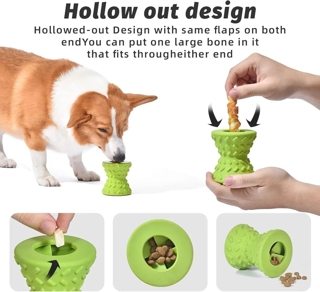 Natural rubber treat dispensing dog bone toy for aggressive chewers in blue, green and purple colours