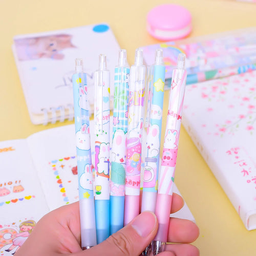 Six cartoon bunny design black ink pens with 0.5mm tips arranged together