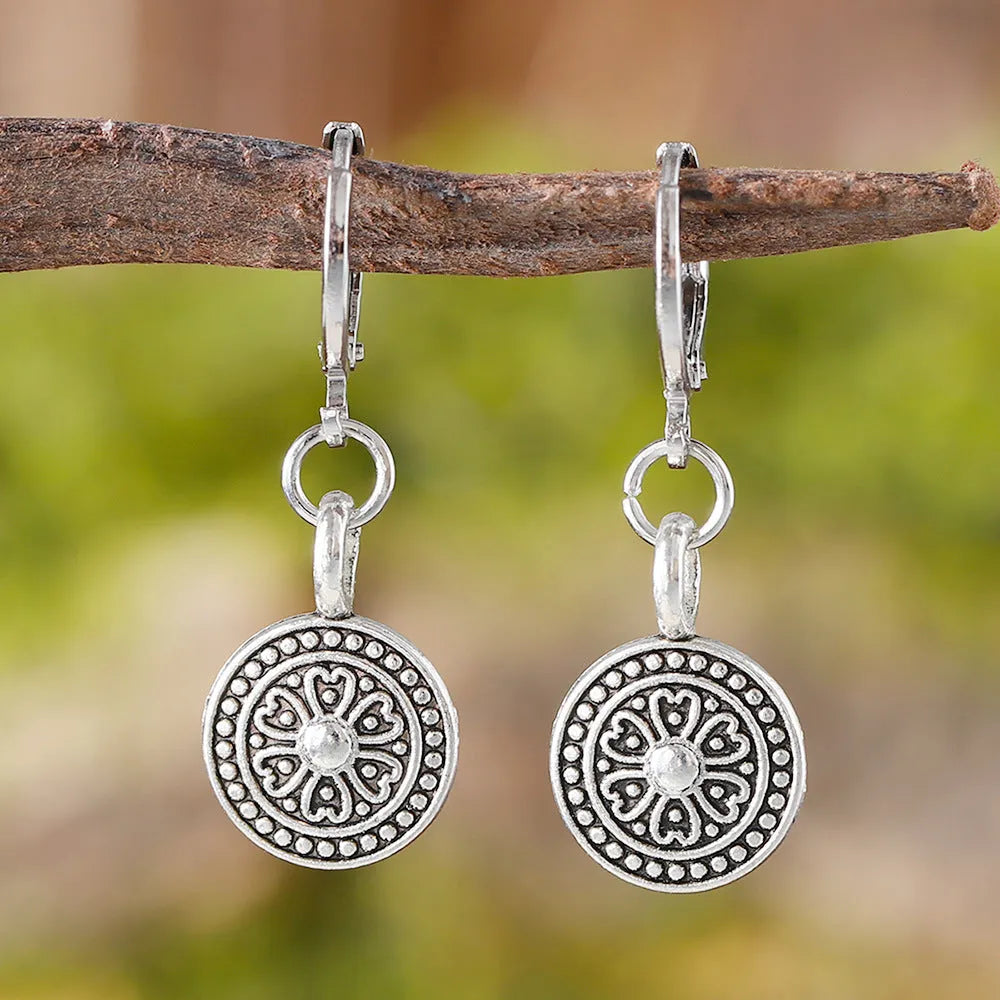 Bohemian retro round print distressed ethnic earrings in zinc alloy geometry shape