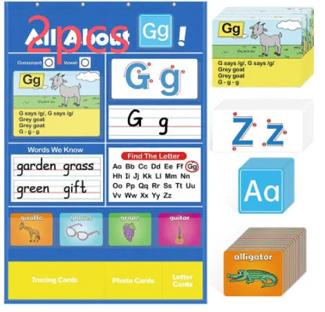 Blue alphabet learning sleeve table with word and letter cards laid out on its wipeable PVC surface.