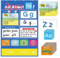 Blue alphabet learning sleeve table with word and letter cards laid out on its wipeable PVC surface.