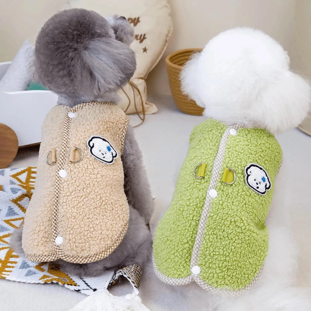 Green coral fleece dog vest with leash ring for small dogs