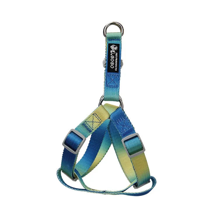 Gradient colour nylon dog leash set with collar, bracelet, and chest strap options in pink/yellow and purple/green combinations