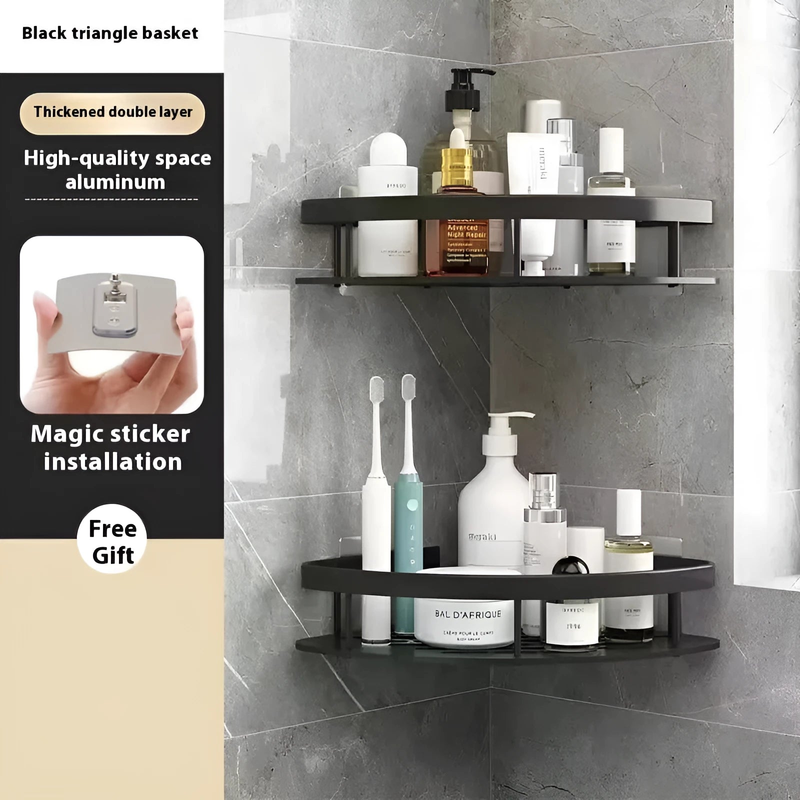 Black metal punch-free toilet storage rack with multiple shelves