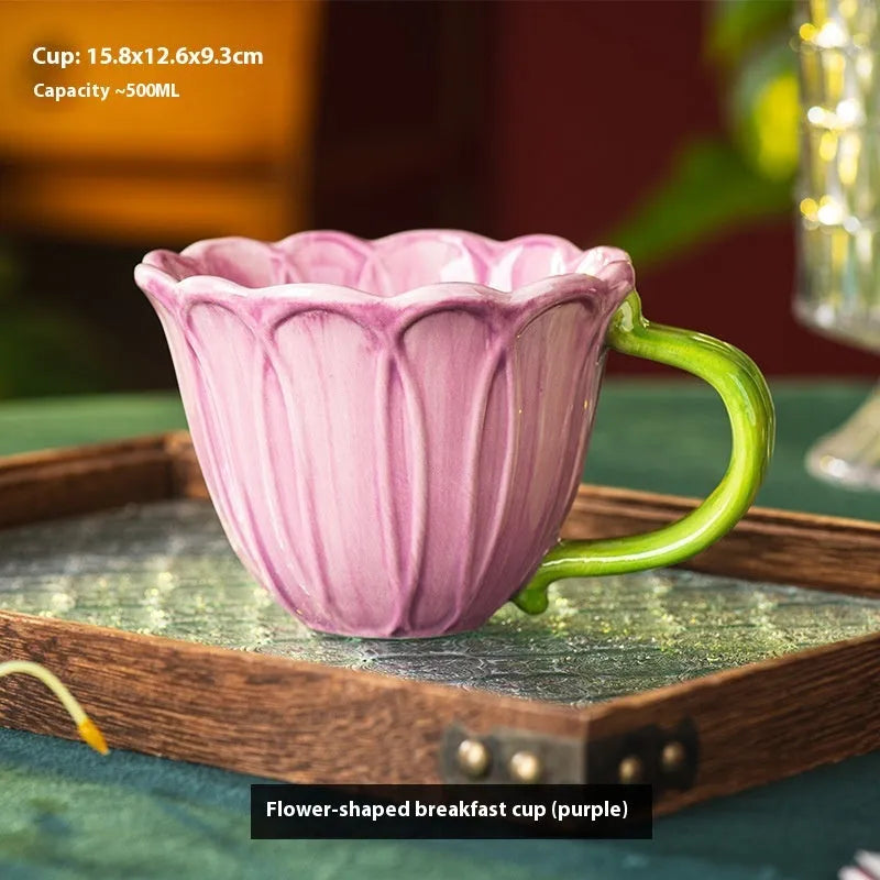 500ml pastoral pattern ceramic breakfast cup in red and purple colour options