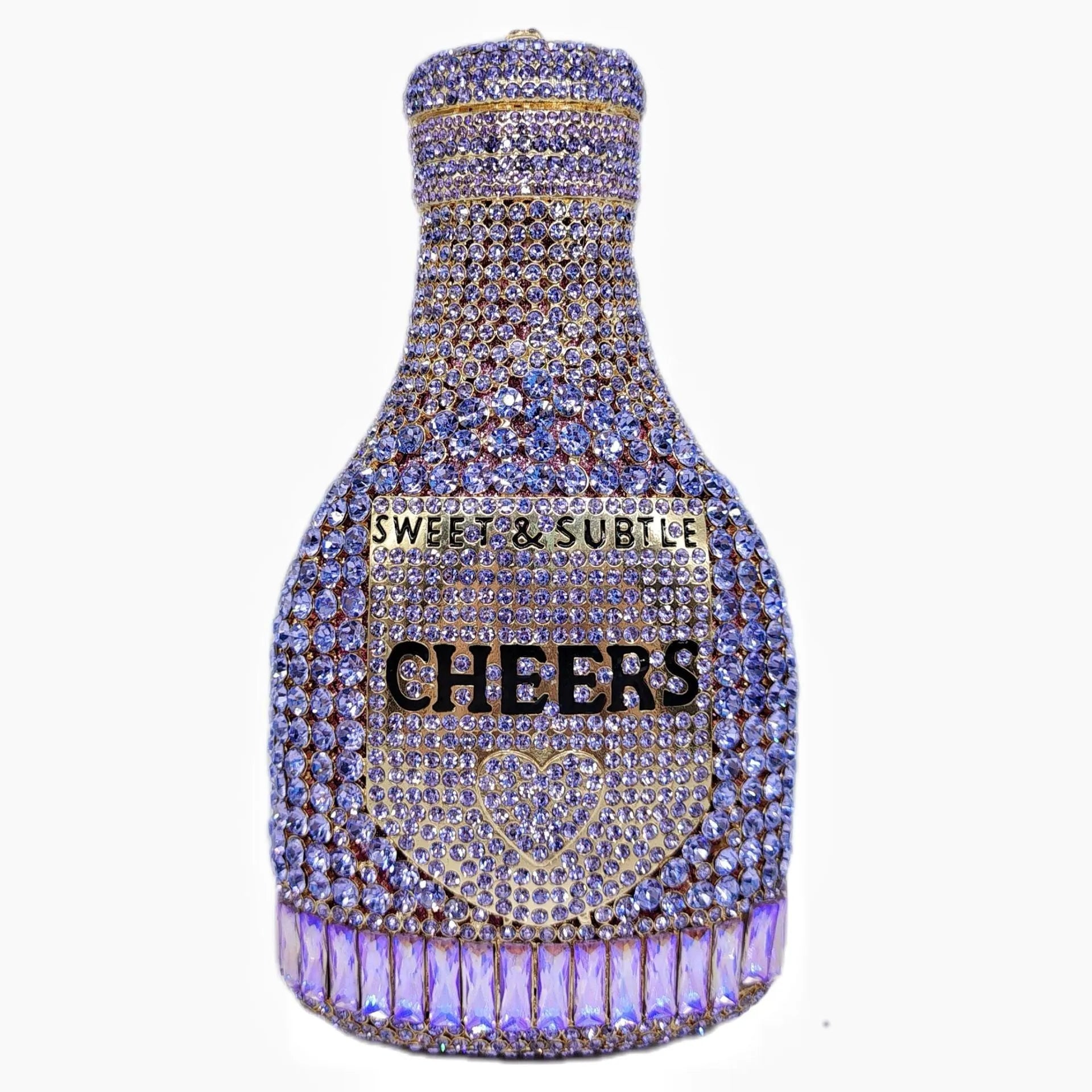 Gold champagne bottle shaped evening clutch with alloy frame measuring 20cm tall