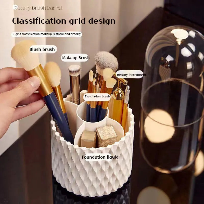 White rotating acrylic makeup brush storage box with transparent lid and split compartments