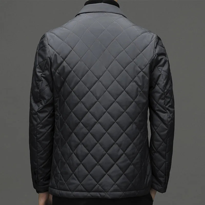 Men's black winter down jacket with cardigan-style lapel and side seam pockets