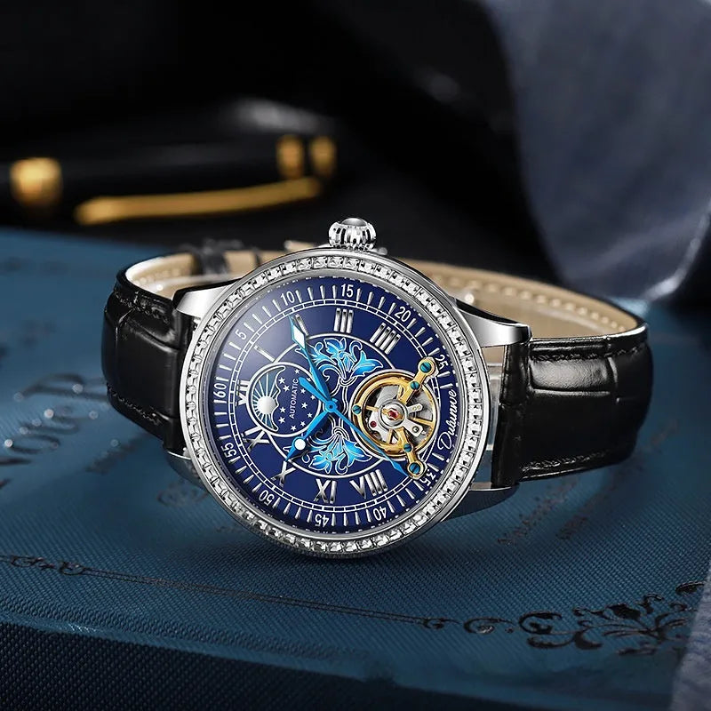 Men's stainless steel mechanical watch with round dial and transparent case back