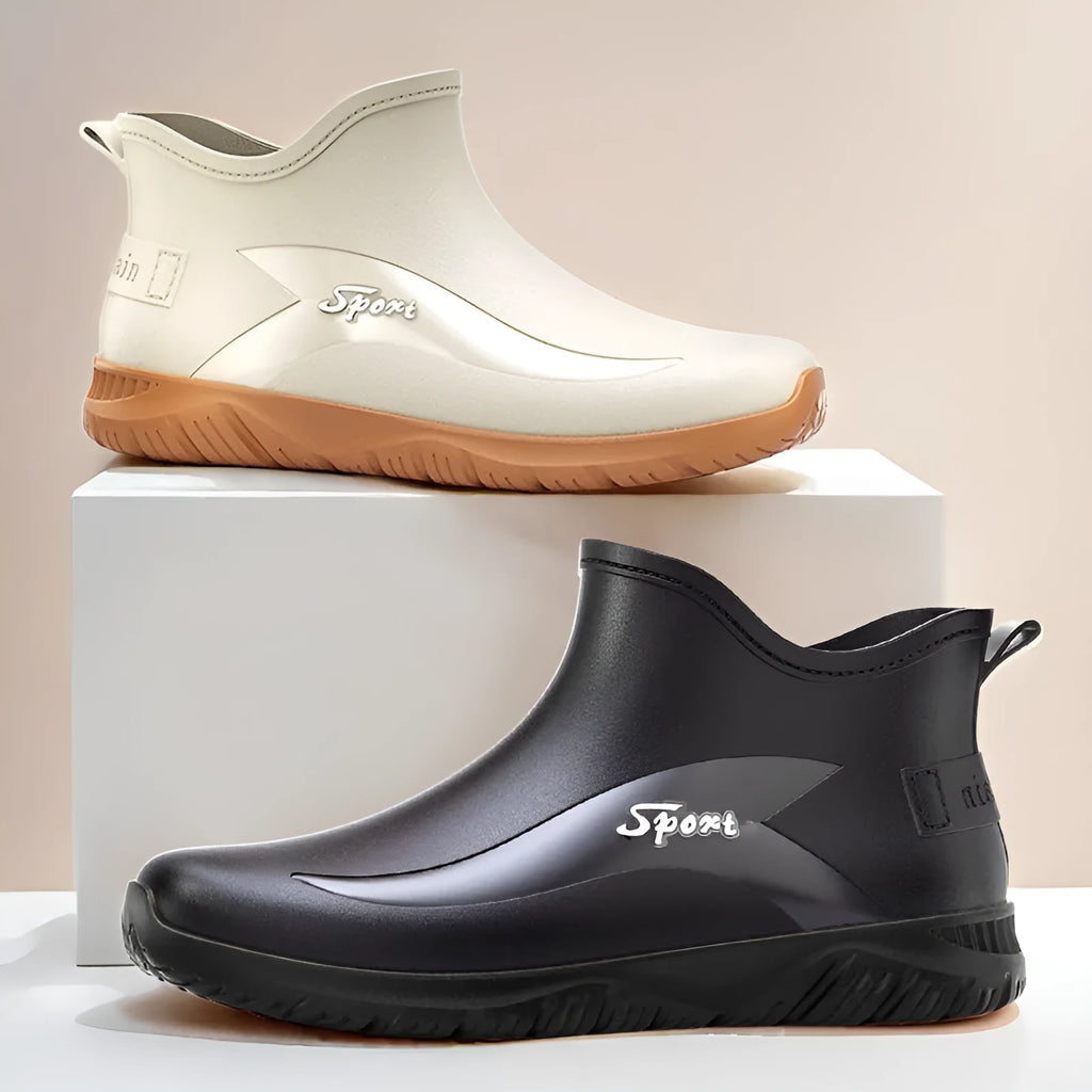 Men's short casual rubber boots in beige with a flat non-slip sole, shown on a plain background.