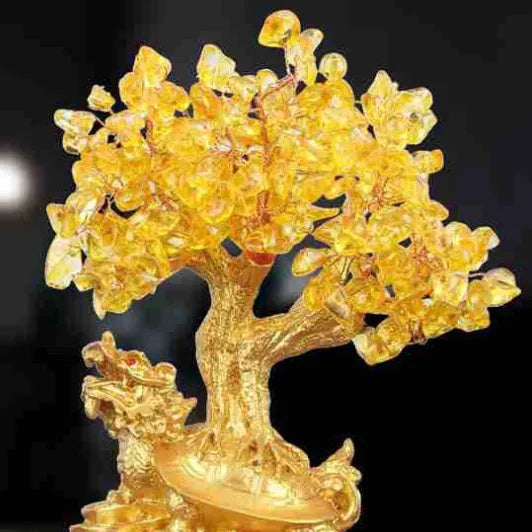 Golden citrine resin Feng Shui ornament of a money tree with a small water turtle