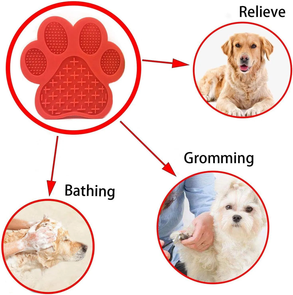 Blue silicone dog licking mat with bone texture and suction cups on the back, placed on a tiled wall.