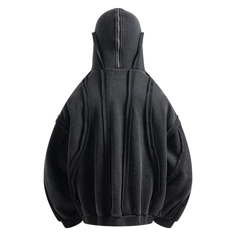 Black loose zip hooded cotton coat with abstract pattern and padding for autumn wear