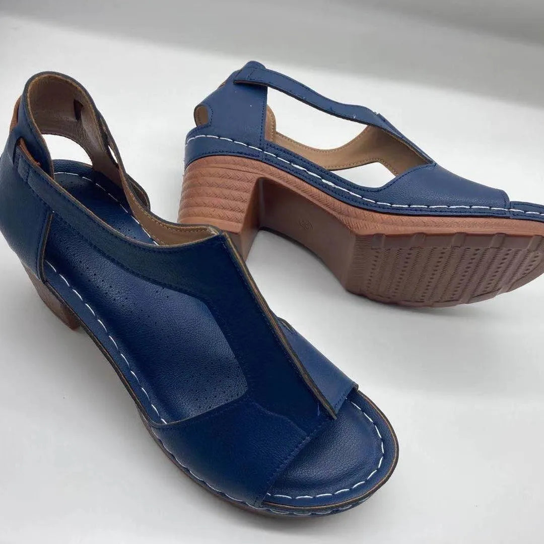 Women's open toe wedge sandals with Roman buckle strap in synthetic PU material