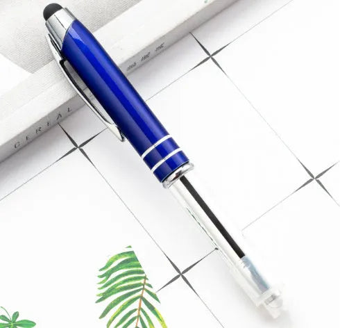 Red multifunctional metal-tipped stylus ballpoint pen with a built-in LED light.