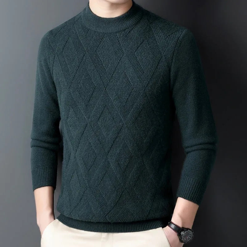 Men's thick winter sweater in diamond jacquard pattern, shown in light camel colour