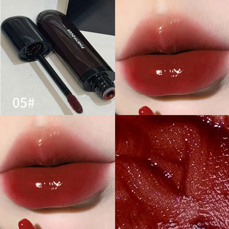 Black shiny mirror lip lacquer cosmetic product showing six colour options including deep reds and browns