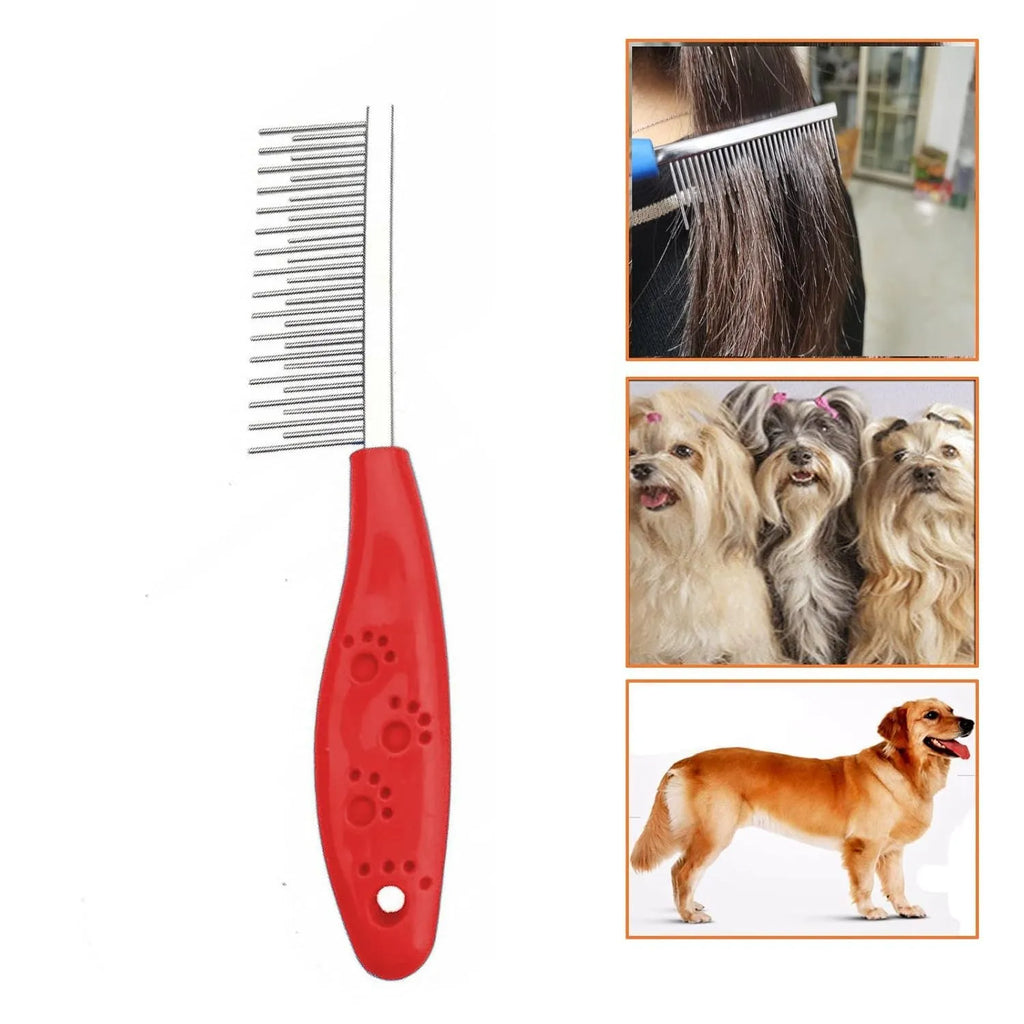 Red pet grooming comb with stainless steel long and short teeth on a plastic handle for dematting dogs and cats.