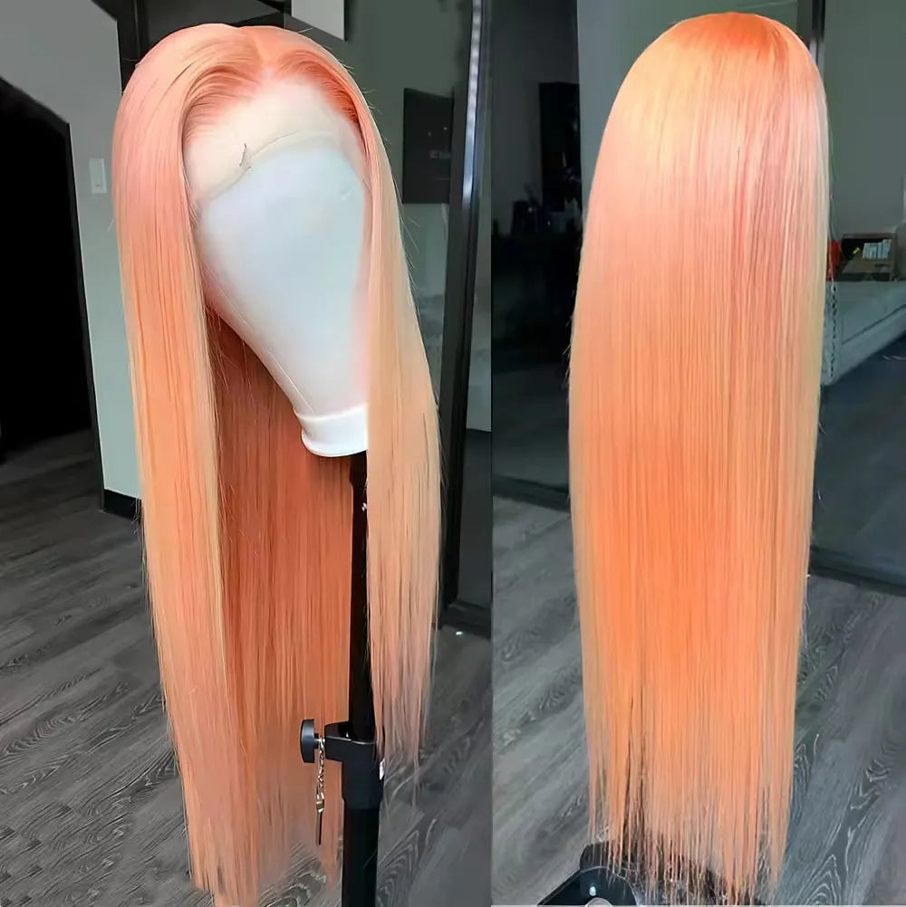 Light orange long straight synthetic wig with front lace hairline and side bangs