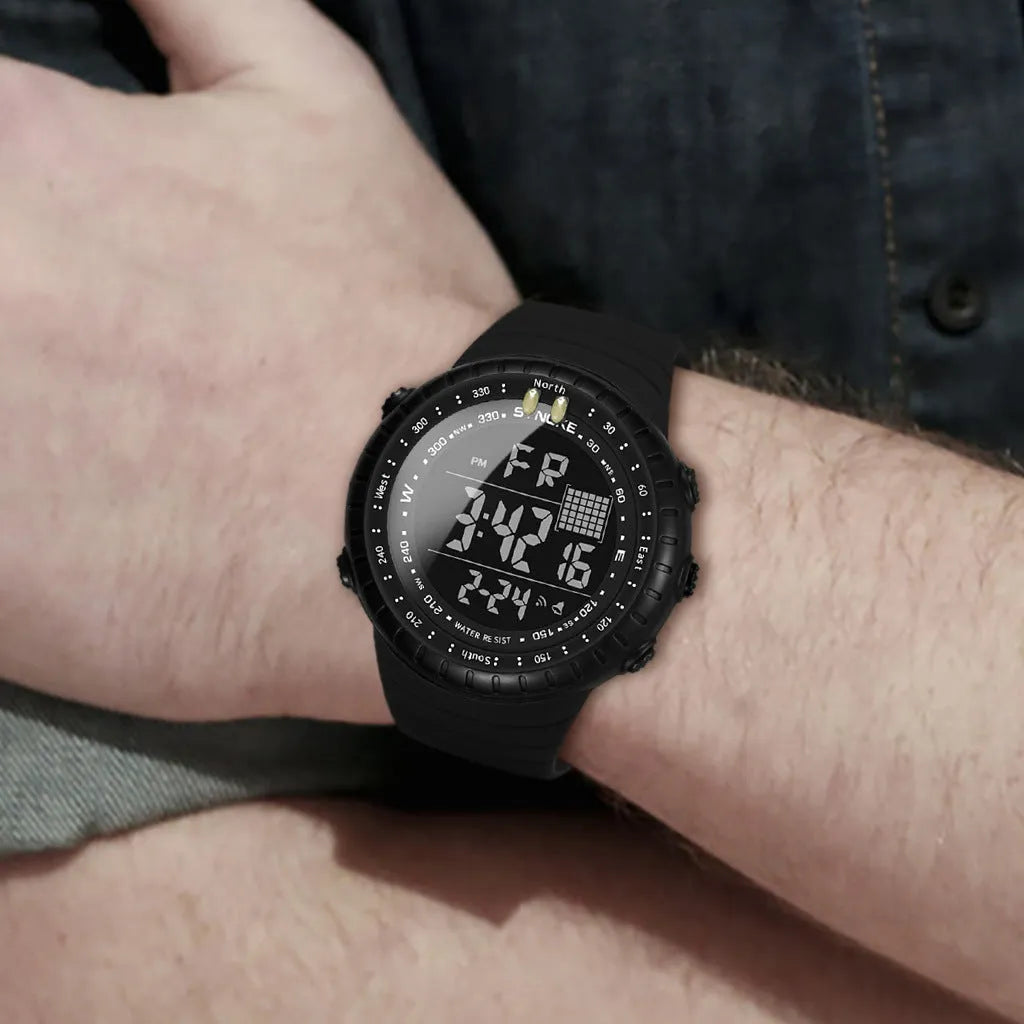 Black men's waterproof outdoor electronic watch with plastic case and PU strap