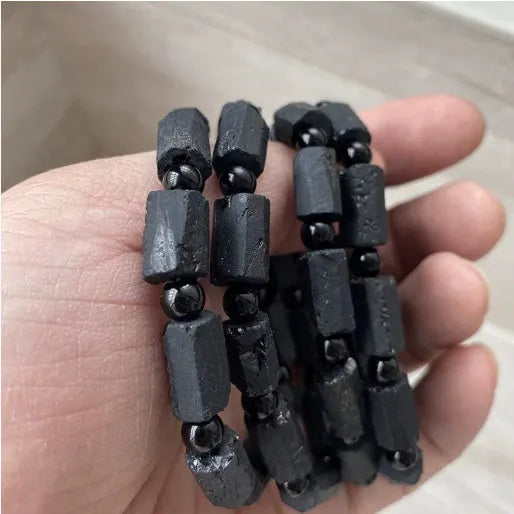Natural black tourmaline rough stone bracelet with approximately 9mm stones and unisex design