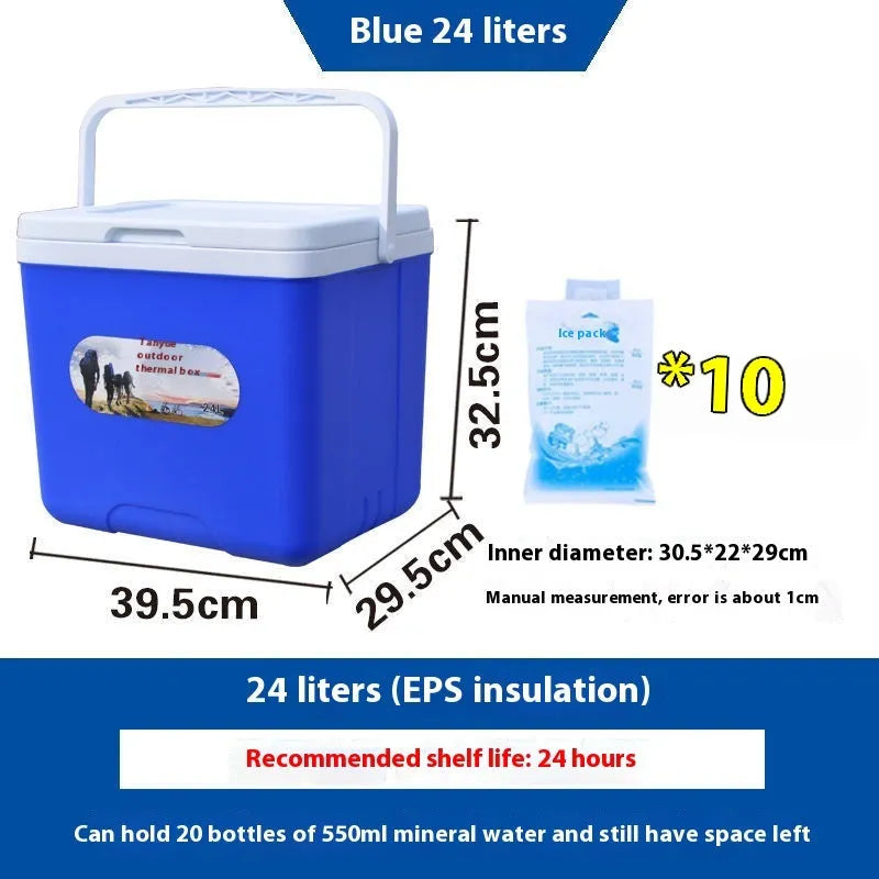 Blue portable insulated cooler bag with aluminium foil interior, shown in multiple size options.