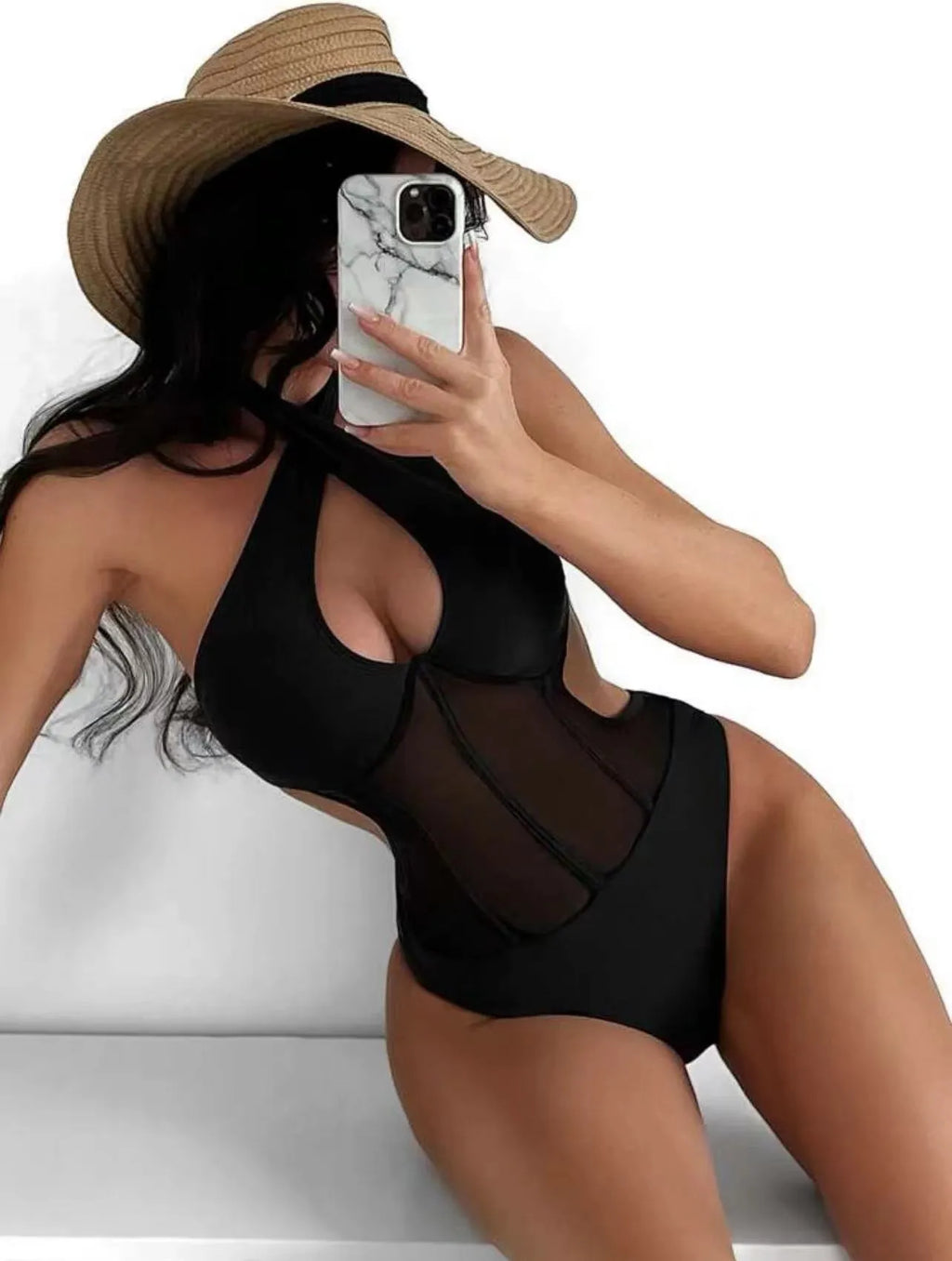 Women's black one-piece swimsuit with spun yarn construction in nylon-spandex blend for swimming