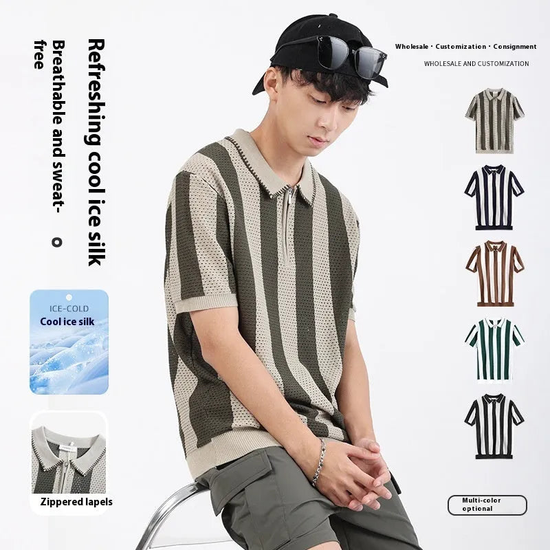 Men's short sleeve striped sweater in ice silk viscose with a decorative zipper.