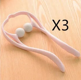 Plastic handheld neck and shoulder massager with adjustable width and roller head in pink, blue, and green colours.
