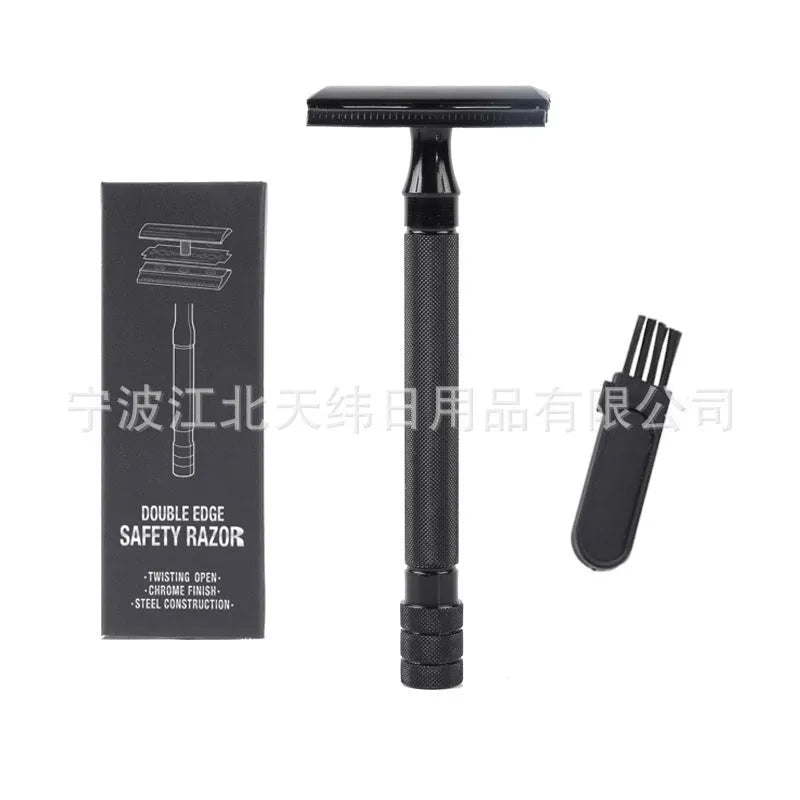 Traditional manual shaving razor with brush set in black or silver finish
