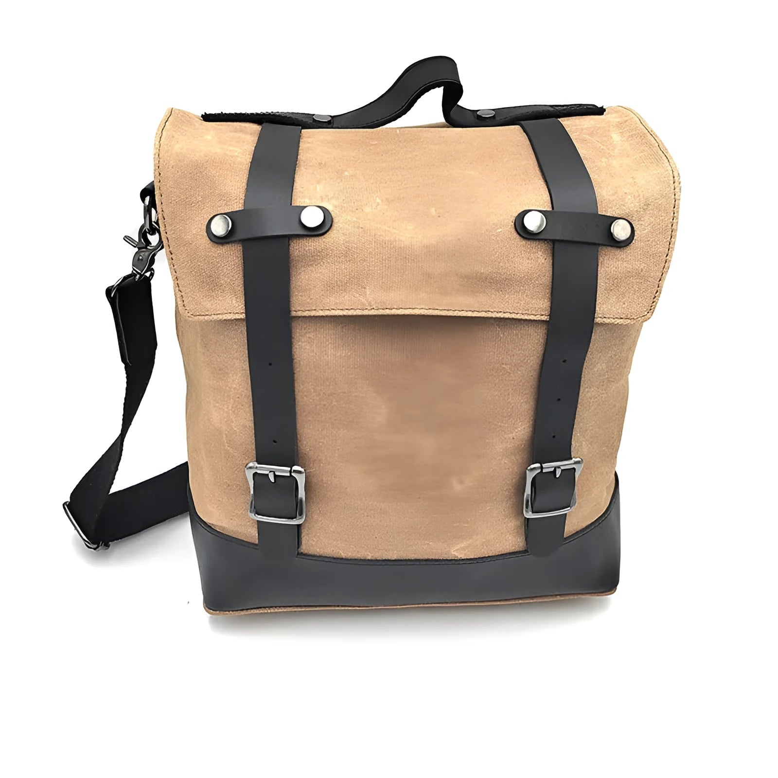 Black waterproof canvas motorcycle side pannier bag with cowhide accents showing mounting straps