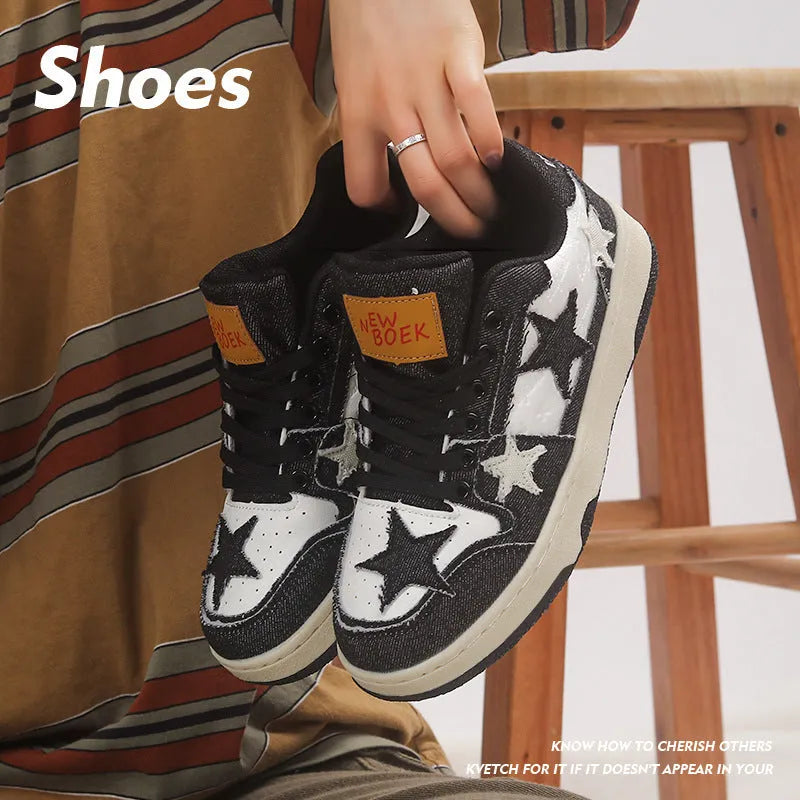 Denim unisex skateboard shoes with mesh lining and rubber sole in black, green, pink.