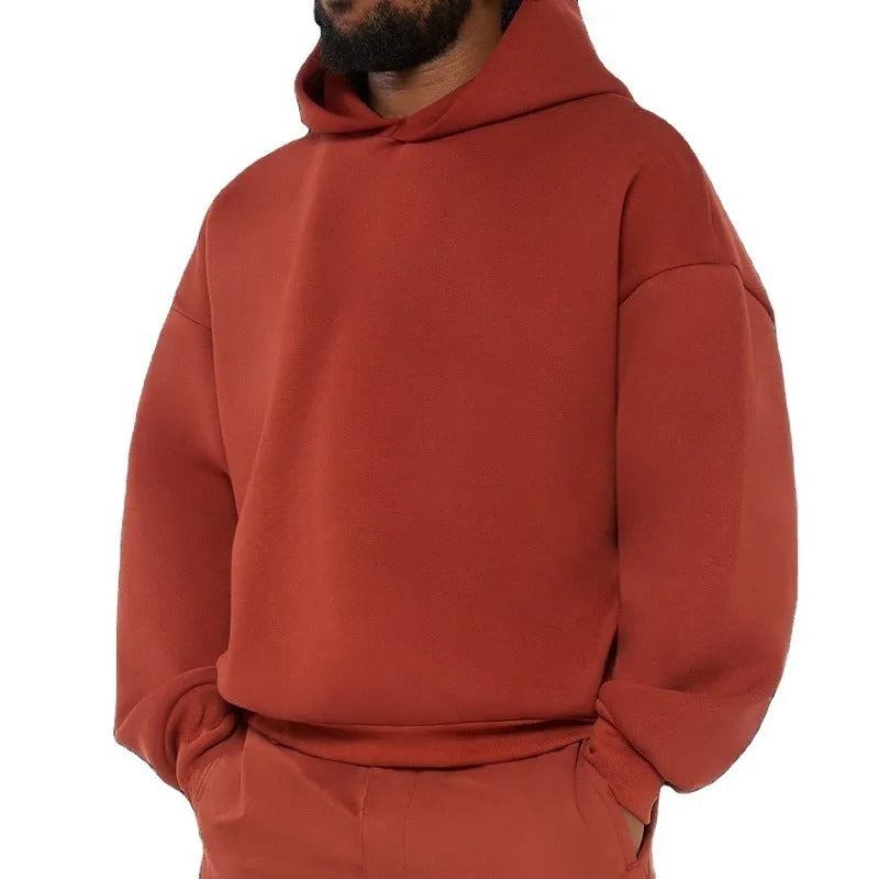 Men's fleece-lined cotton hoodie sweater in solid colour with wool lining and pullover design