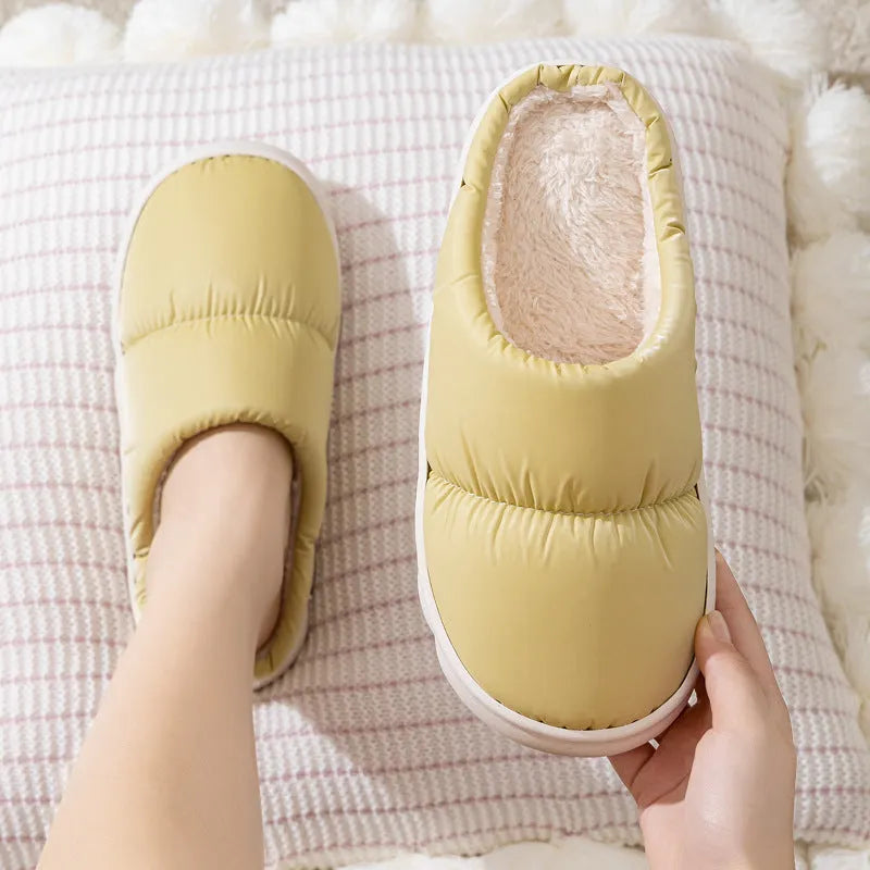 Down cotton plush slippers with thick rubber soles in blue, green, grey, pink, or yellow colours