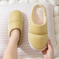 Down cotton plush slippers with thick rubber soles in blue, green, grey, pink, or yellow colours