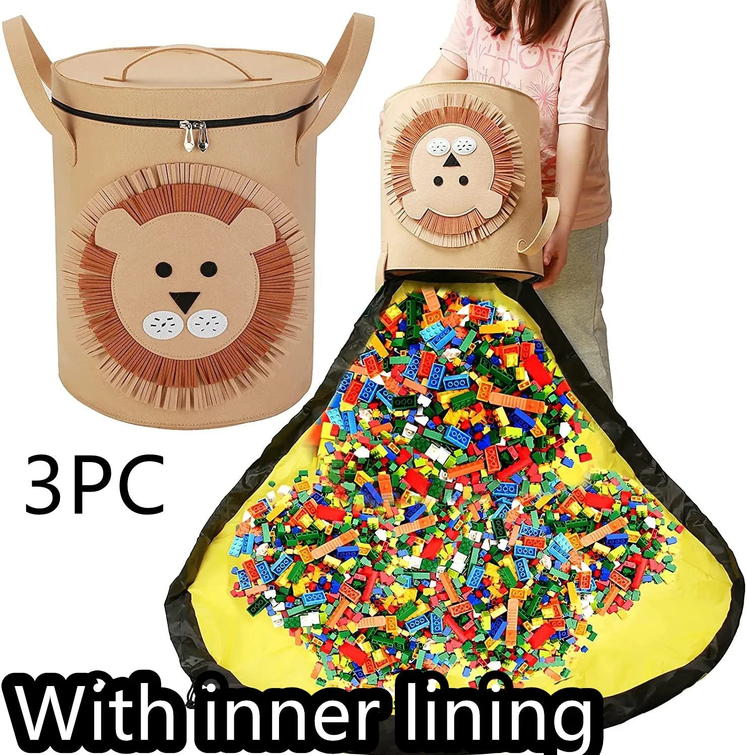 Green felt cube storage bag with pull rope shown as both toy container and play mat