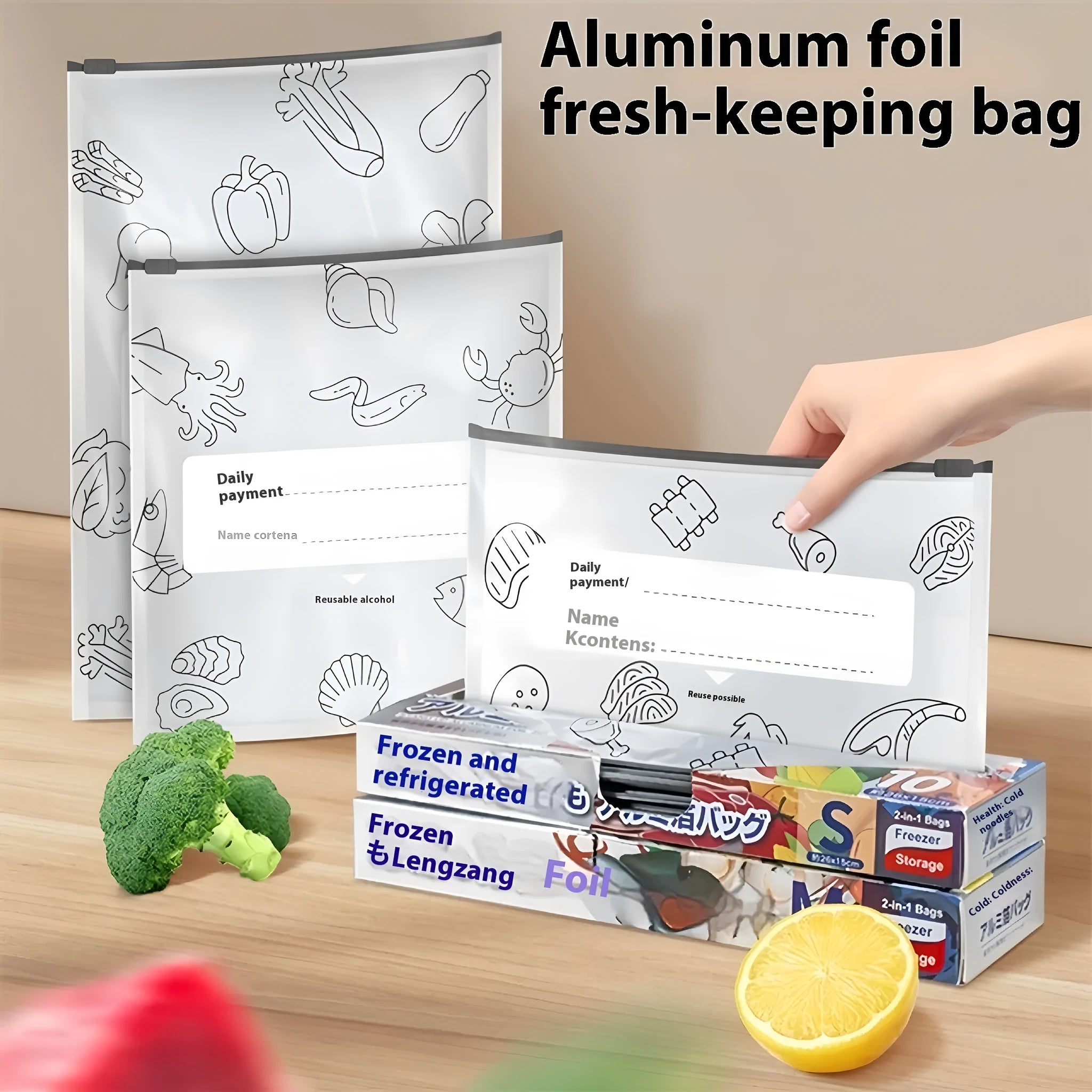 Aluminium foil heat-seal fresh-keeping bags in three sizes with temperature resistance from -60 to 100 degrees Celsius
