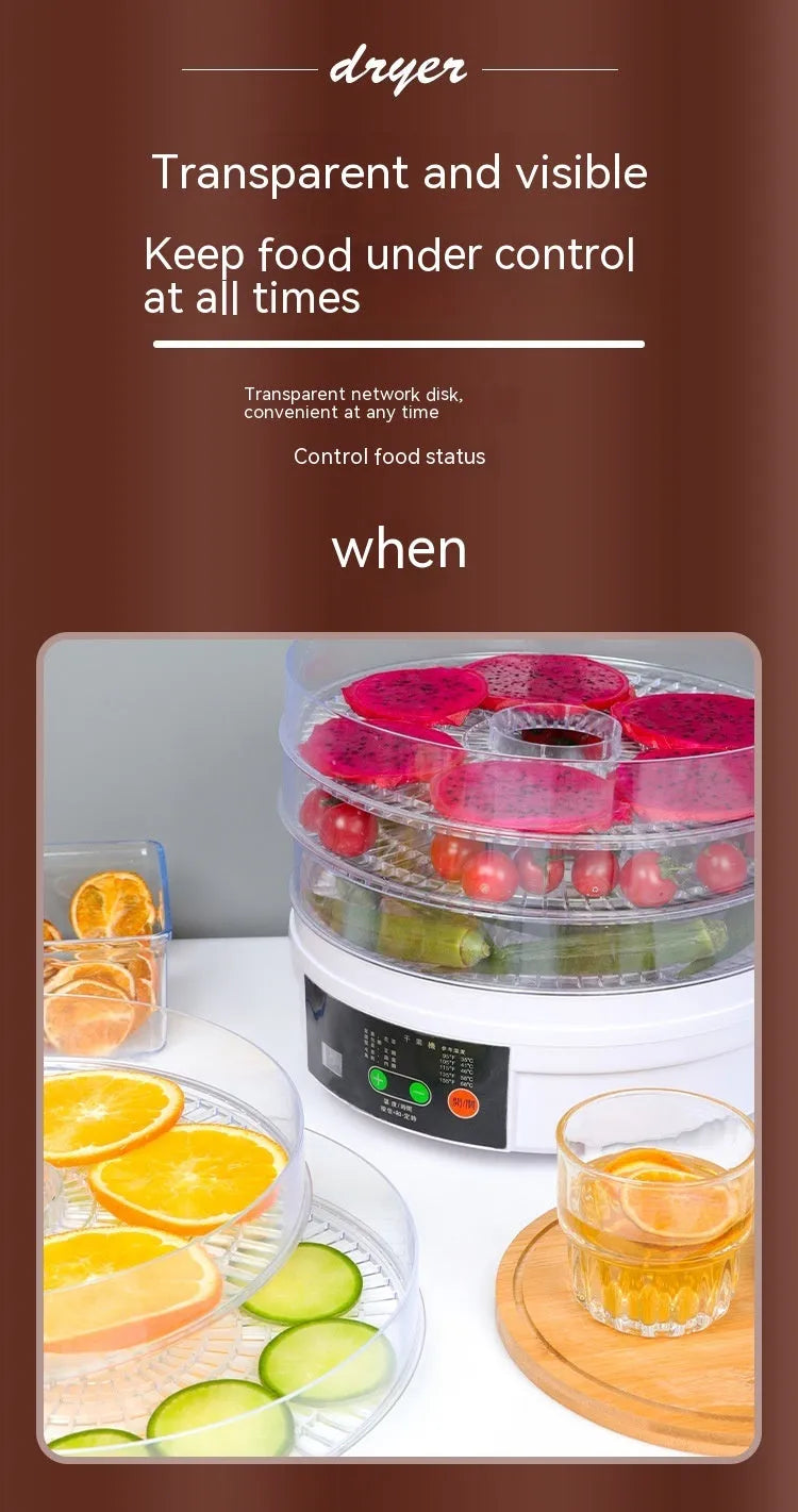 White five-tray food dehydrator with UK plug on kitchen countertop