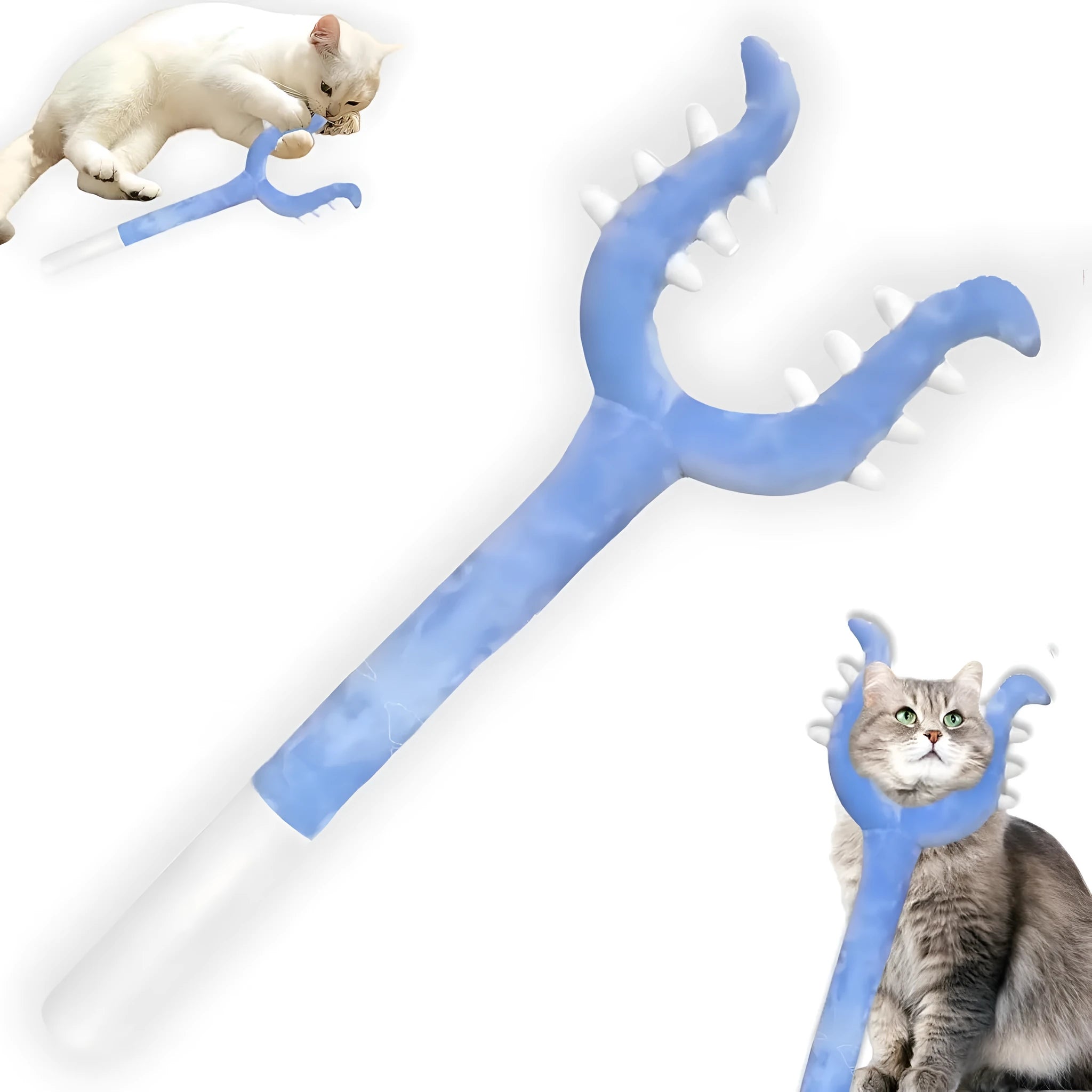 Blue and pink plush cat wand toy measuring 70cm length for interactive pet play