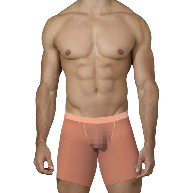 Men's solid colour ice silk boxer shorts on a white background, showing low waist design.