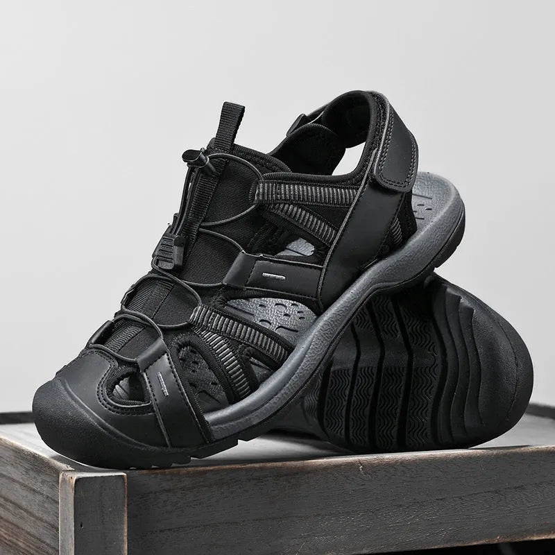 Men's blue casual sports shoe with Velcro straps, mesh upper, and rubber sole.